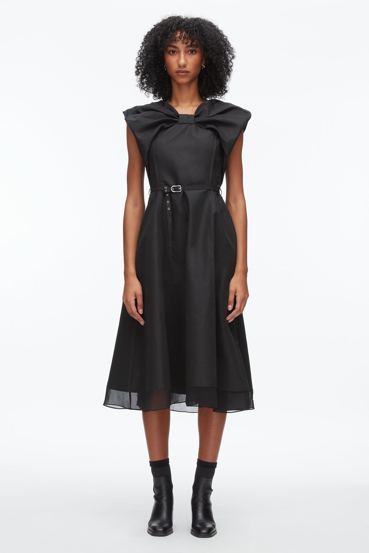 Draped Bow Dress with Belt Black