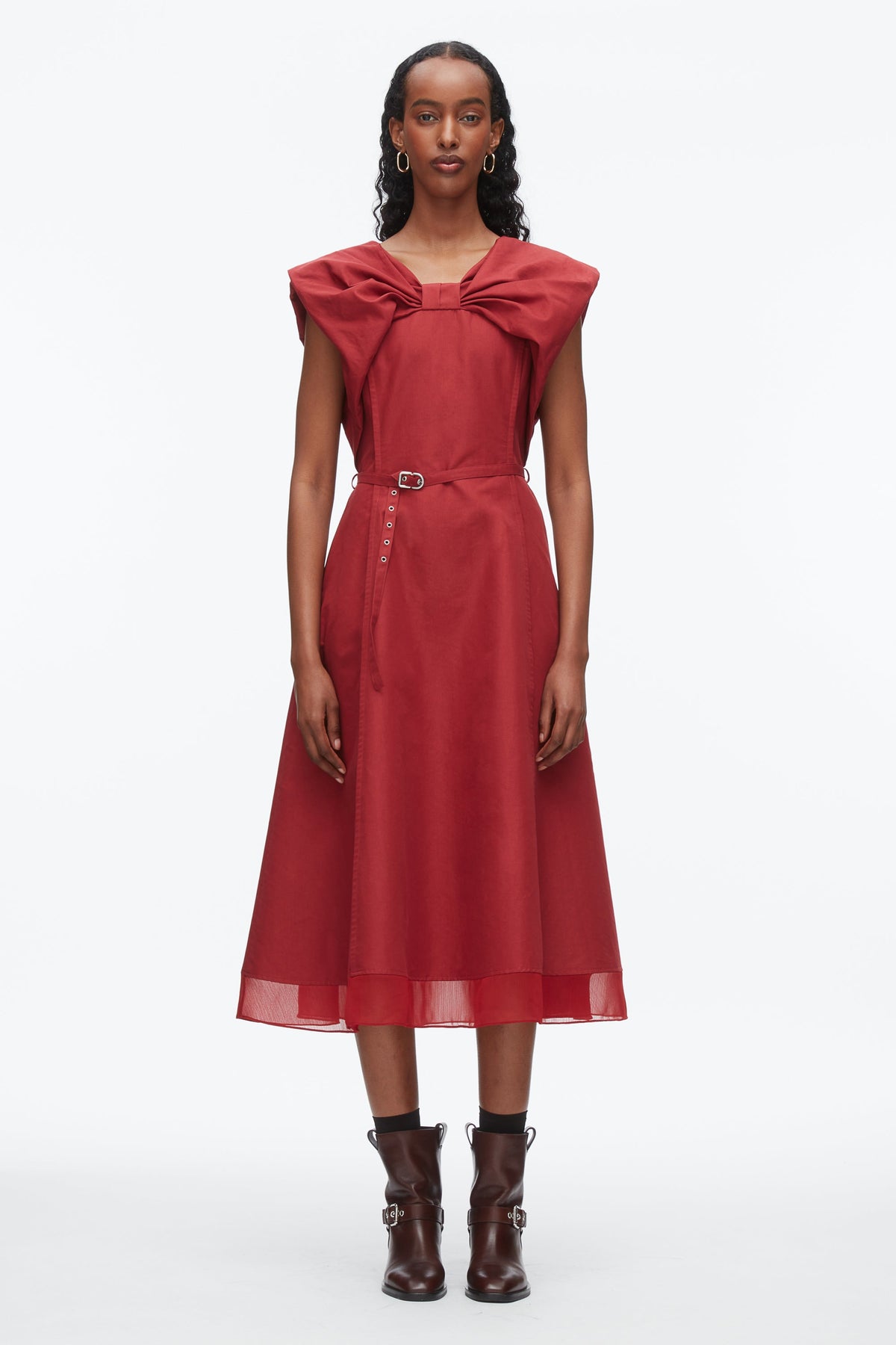 Draped Bow Dress with Belt Crimson