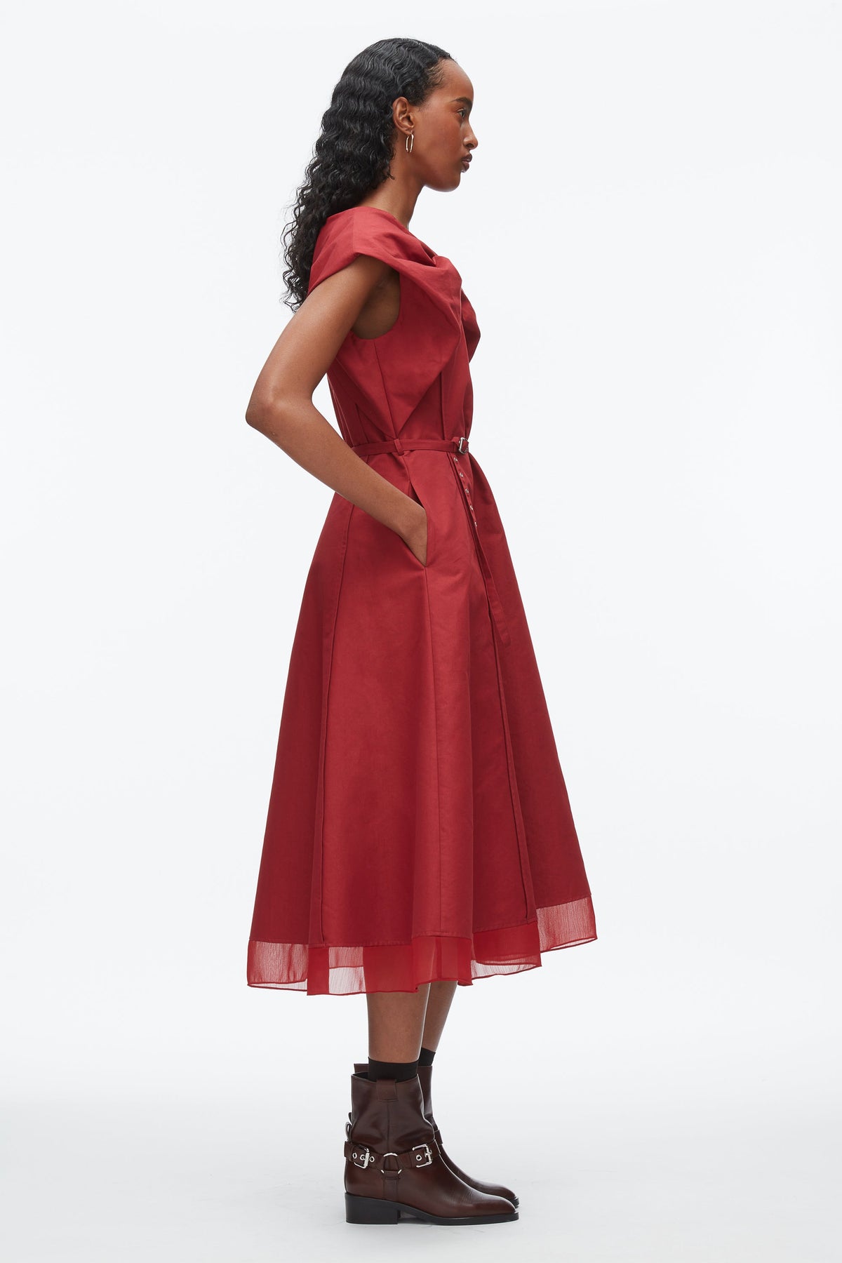 Draped Bow Dress with Belt Crimson