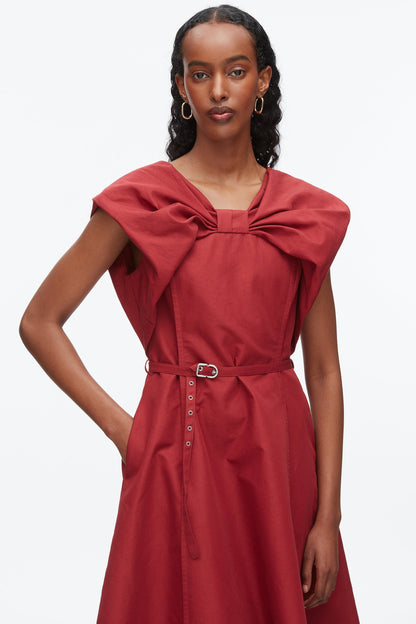 Draped Bow Dress with Belt Crimson