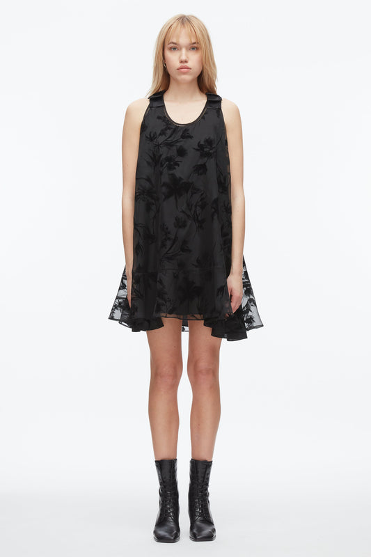 Flocked Organza Trapeze Dress Black