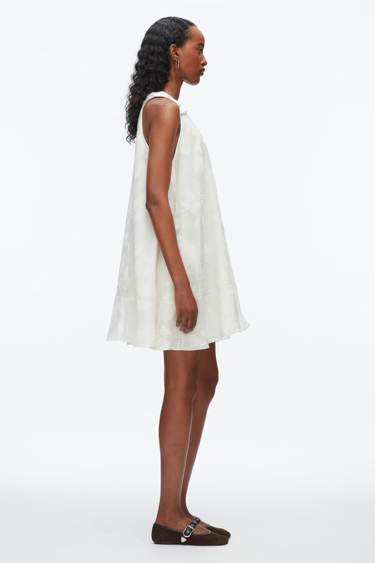 Flocked Organza Trapeze Dress White