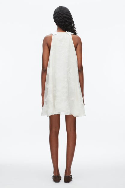 Flocked Organza Trapeze Dress White