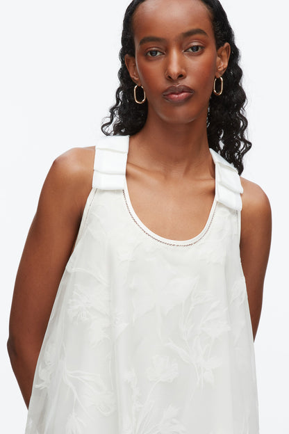 Flocked Organza Trapeze Dress White