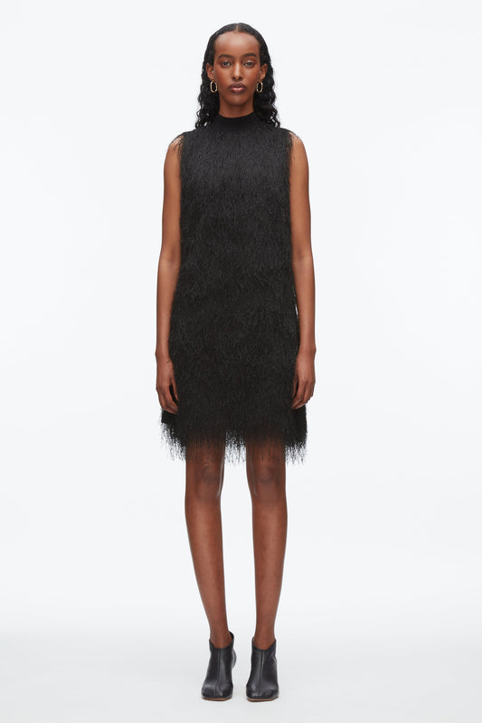 Fringe Mock Neck Shift Dress Black