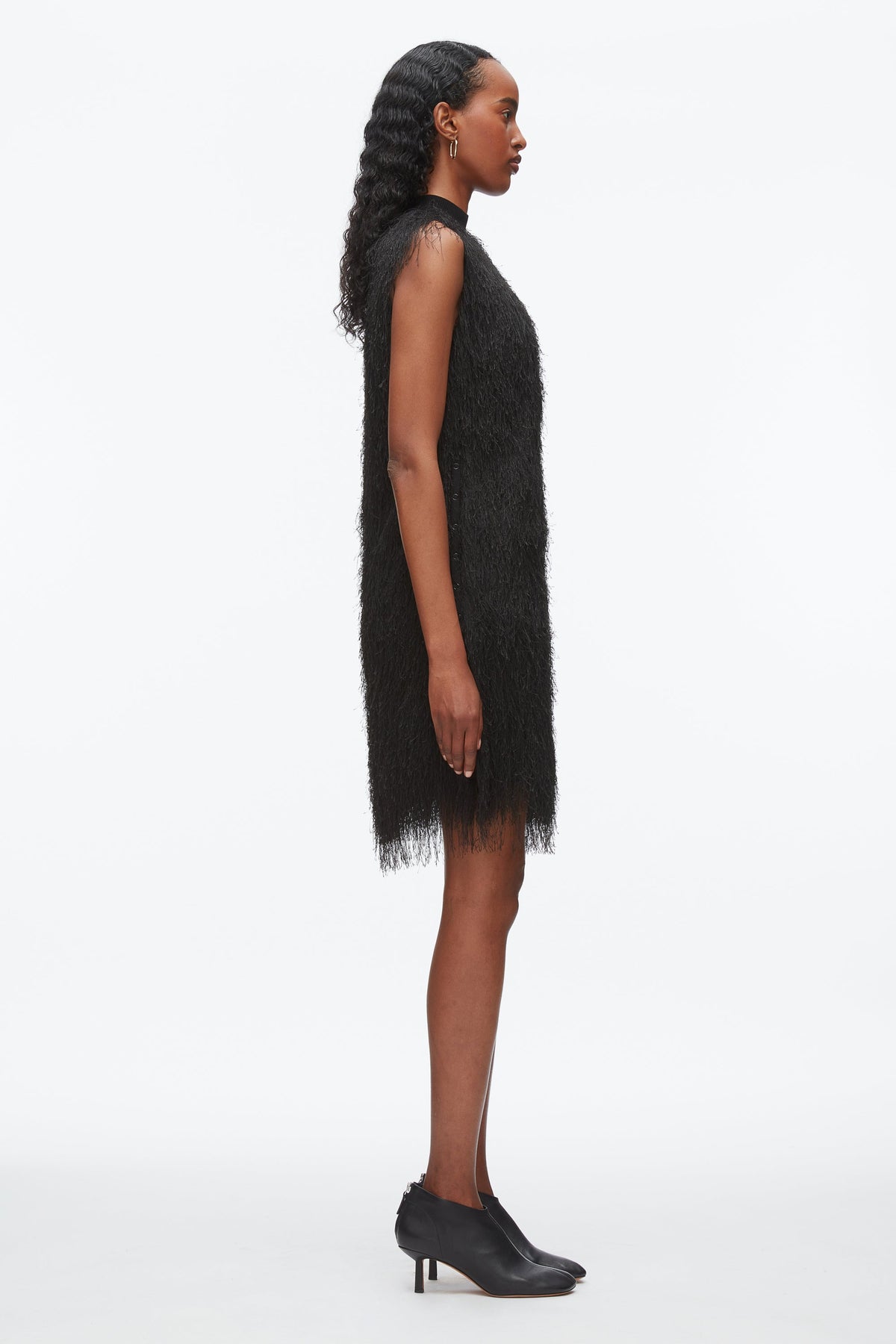 Fringe Mock Neck Shift Dress Black