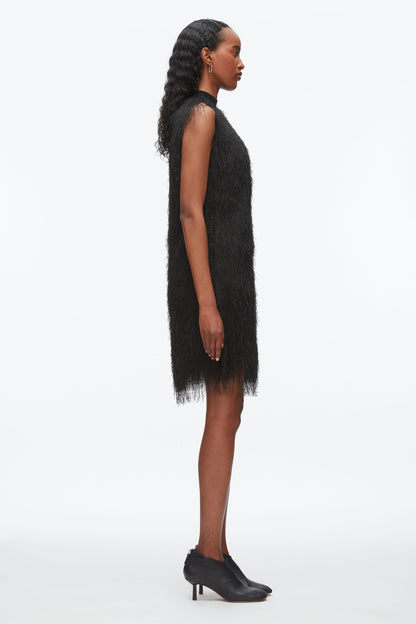 Fringe Mock Neck Shift Dress Black
