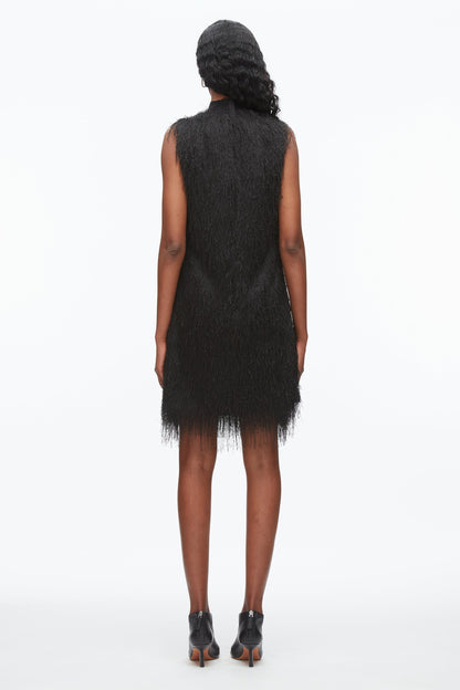 Fringe Mock Neck Shift Dress Black