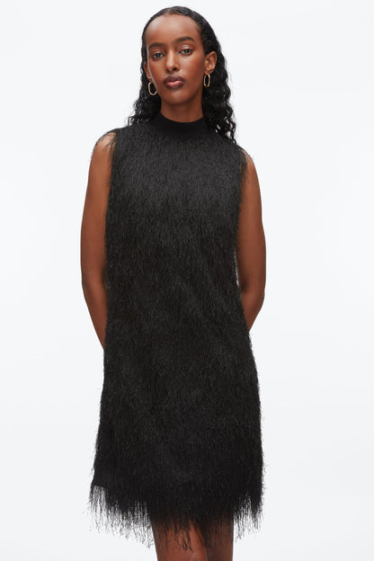 Fringe Mock Neck Shift Dress Black