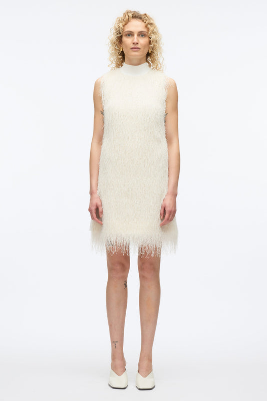 Fringe Mock Neck Shift Dress Ivory