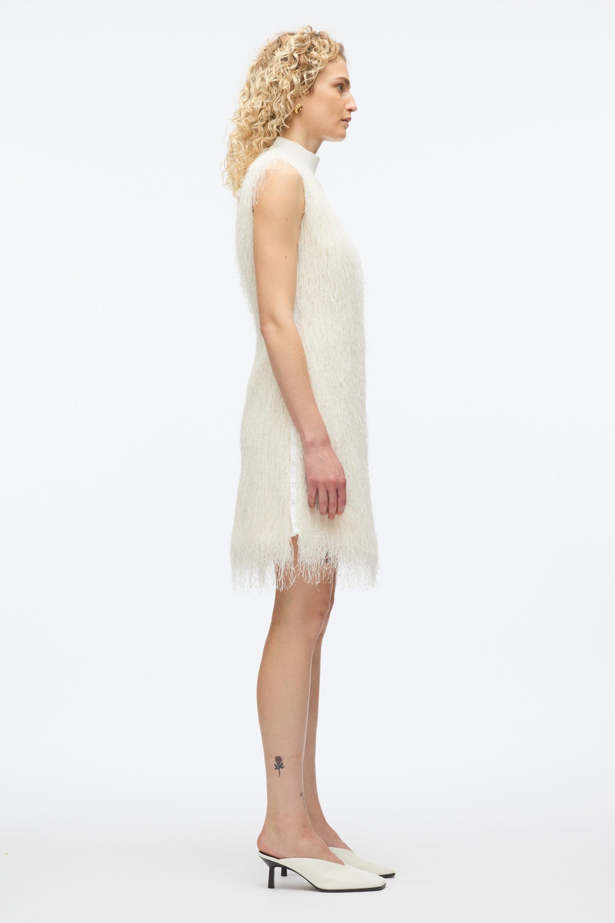 Fringe Mock Neck Shift Dress Ivory