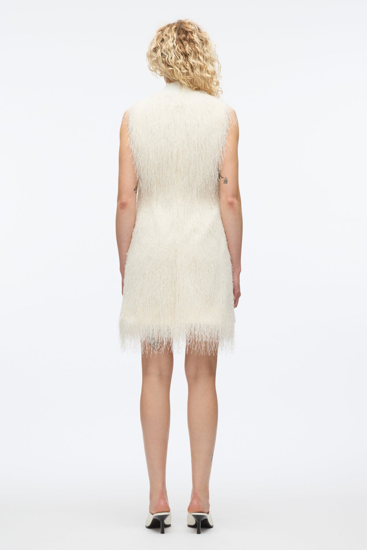 Fringe Mock Neck Shift Dress Ivory
