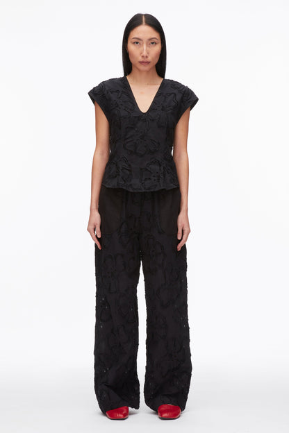 Embroidered Cap Sleeve Top Black