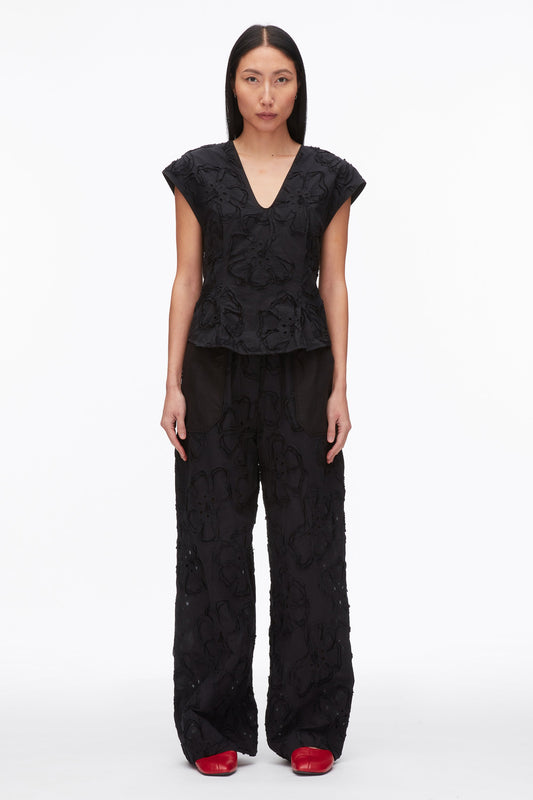 Embroidered Cap Sleeve Top Black