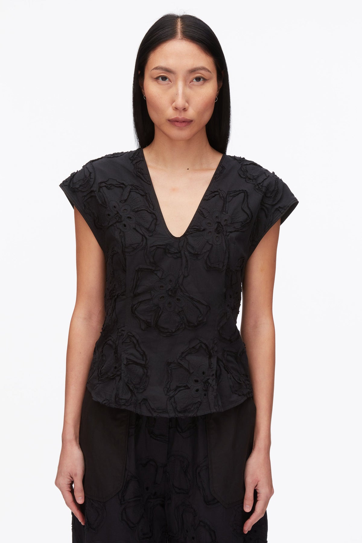 Embroidered Cap Sleeve Top Black