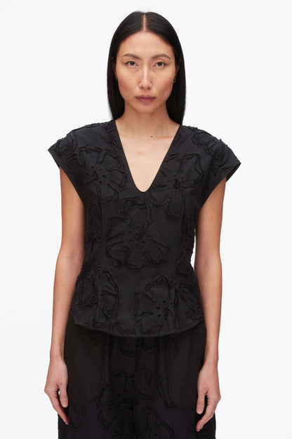 Embroidered Cap Sleeve Top Black