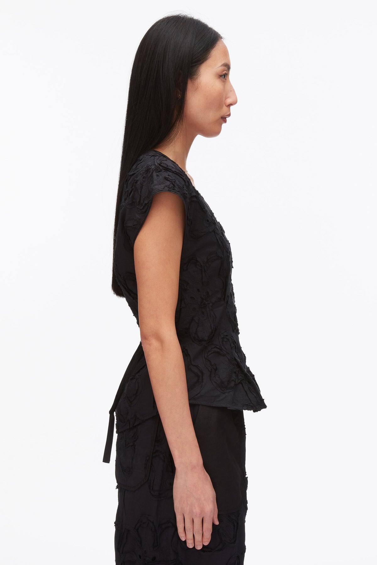 Embroidered Cap Sleeve Top Black