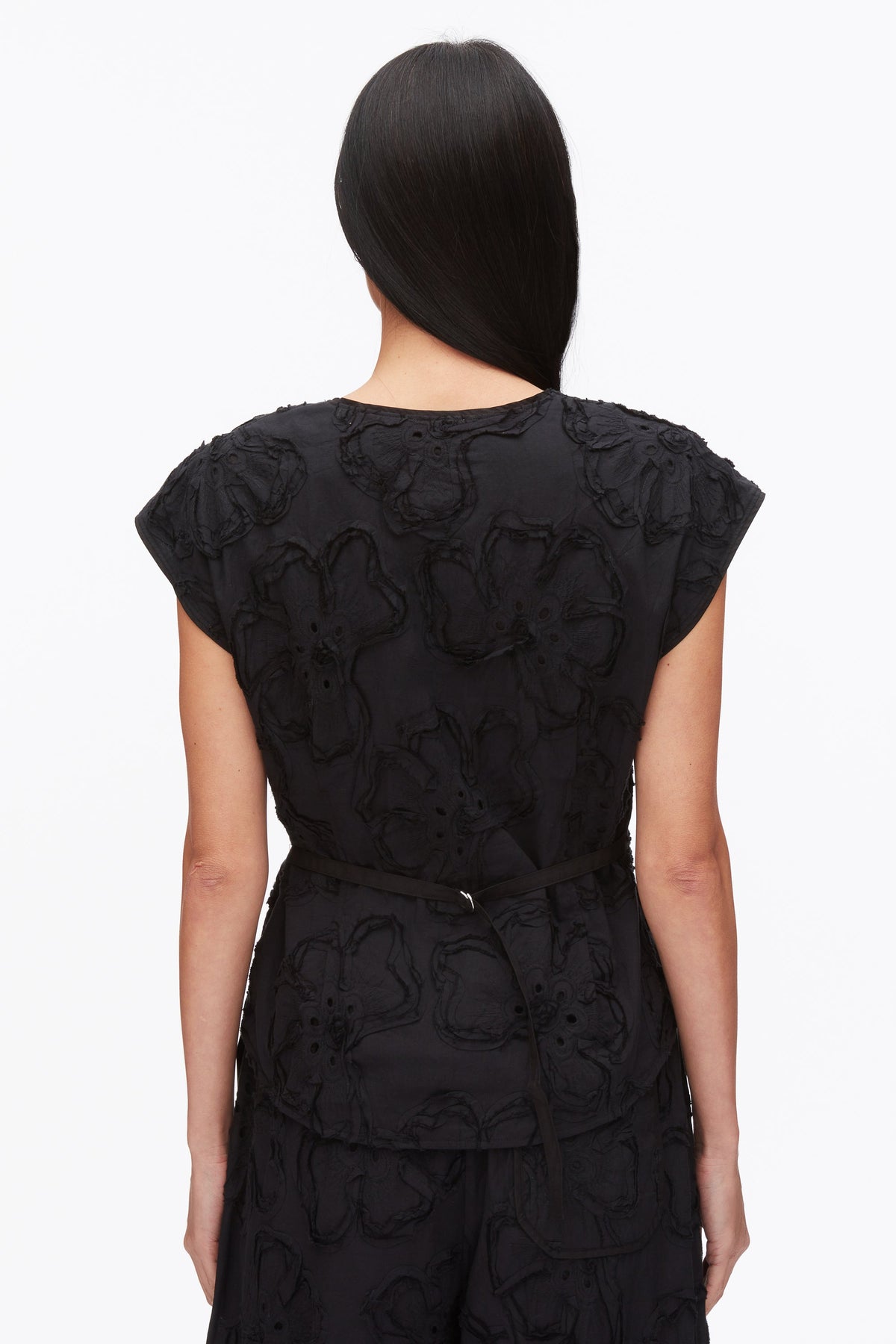 Embroidered Cap Sleeve Top Black