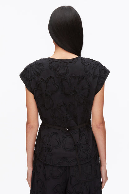 Embroidered Cap Sleeve Top Black