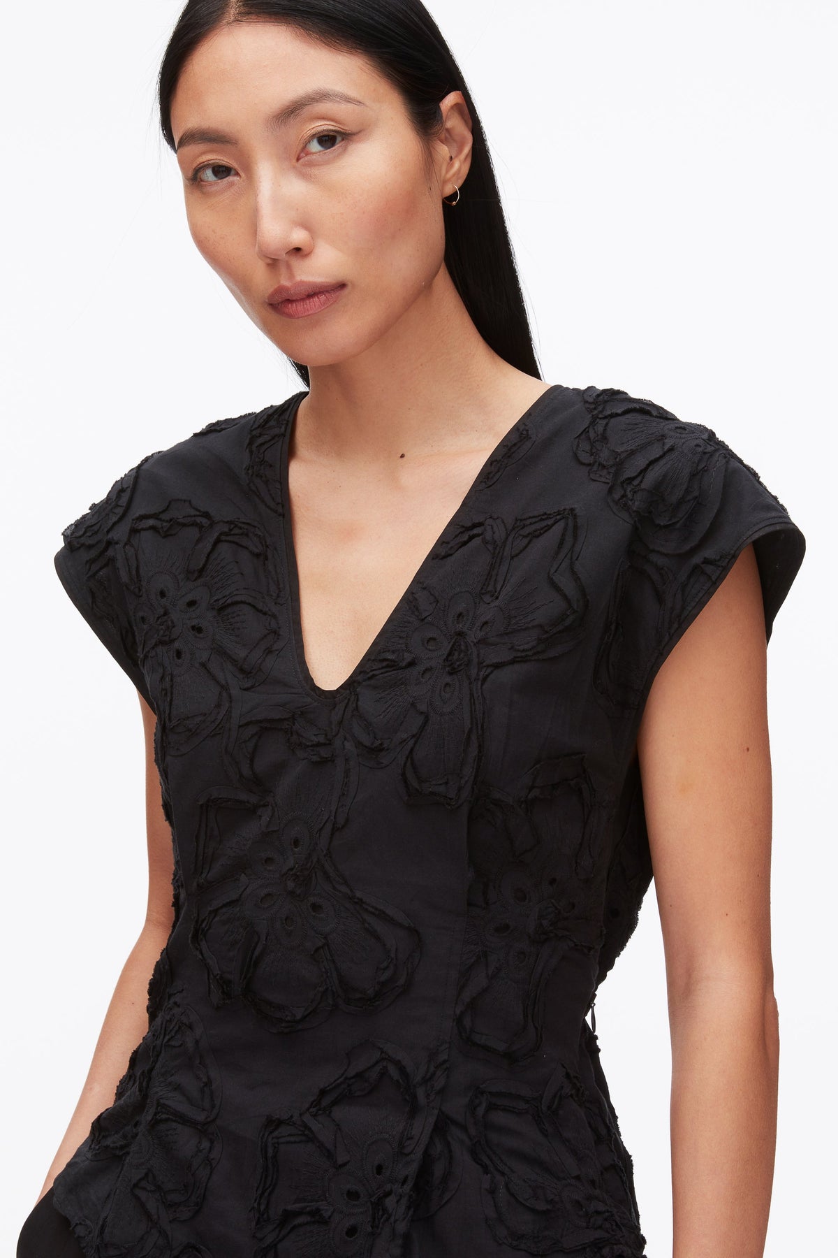 Embroidered Cap Sleeve Top Black