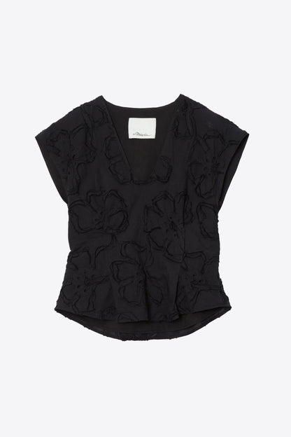 Embroidered Cap Sleeve Top Black