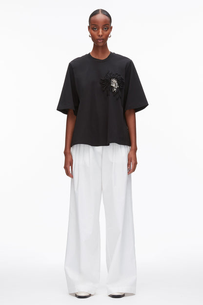 Trapeze T-Shirt with Floral Appliqué Black