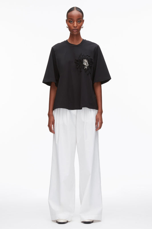 Trapeze T-Shirt with Floral Appliqué Black