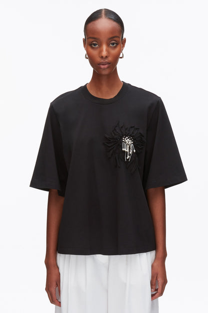 Trapeze T-Shirt with Floral Appliqué Black