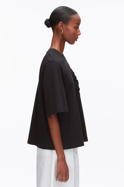 Trapeze T-Shirt with Floral Appliqué Black