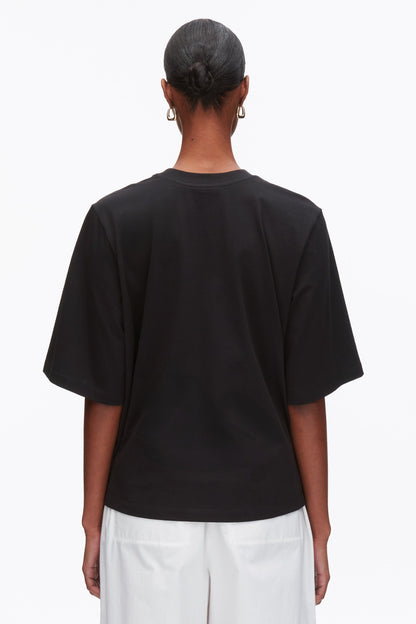 Trapeze T-Shirt with Floral Appliqué Black