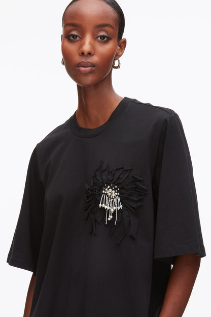 Trapeze T-Shirt with Floral Appliqué Black