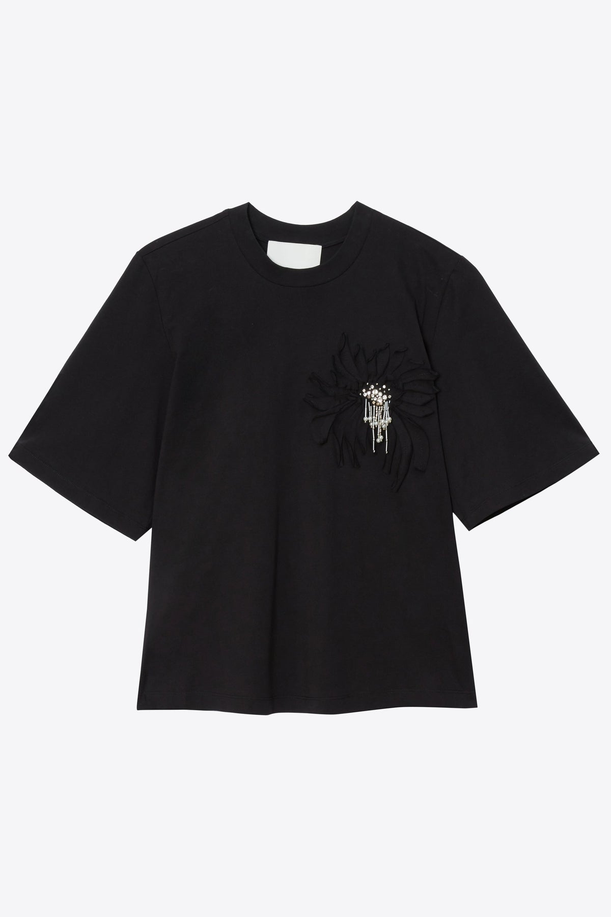 Trapeze T-Shirt with Floral Appliqué Black
