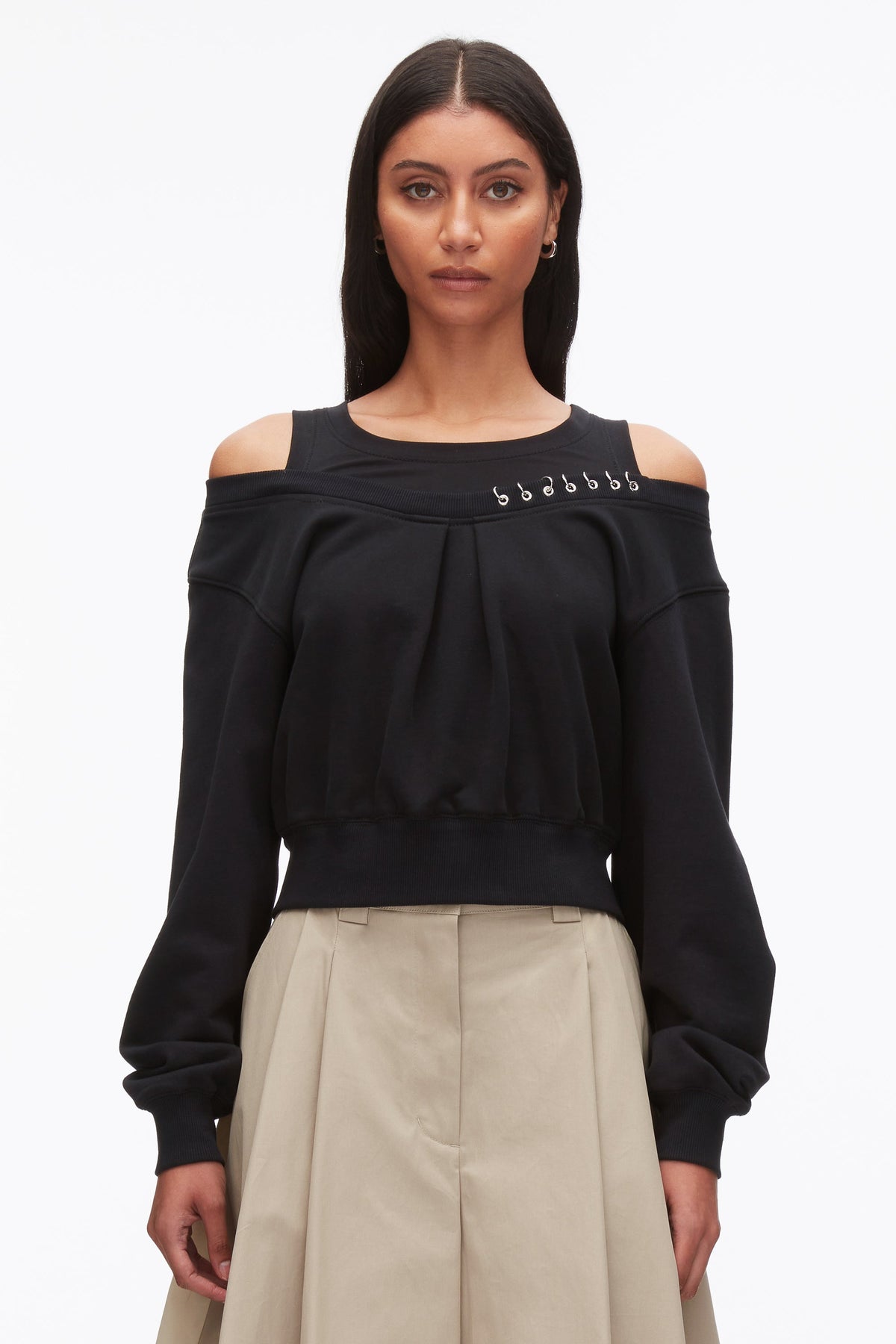 Long Sleeve Embellished Double Layer Top Black