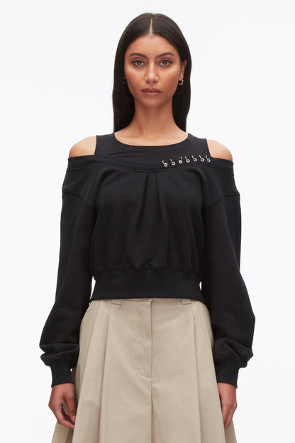 Long Sleeve Embellished Double Layer Top Black