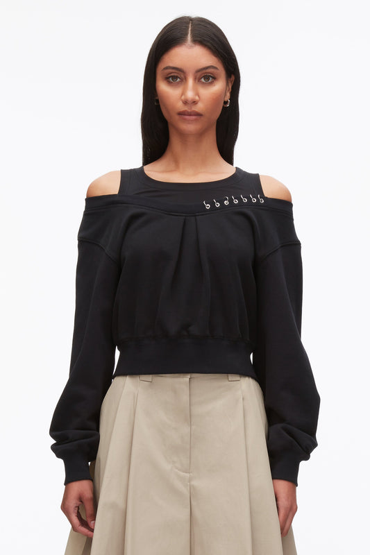 Long Sleeve Embellished Double Layer Top Black