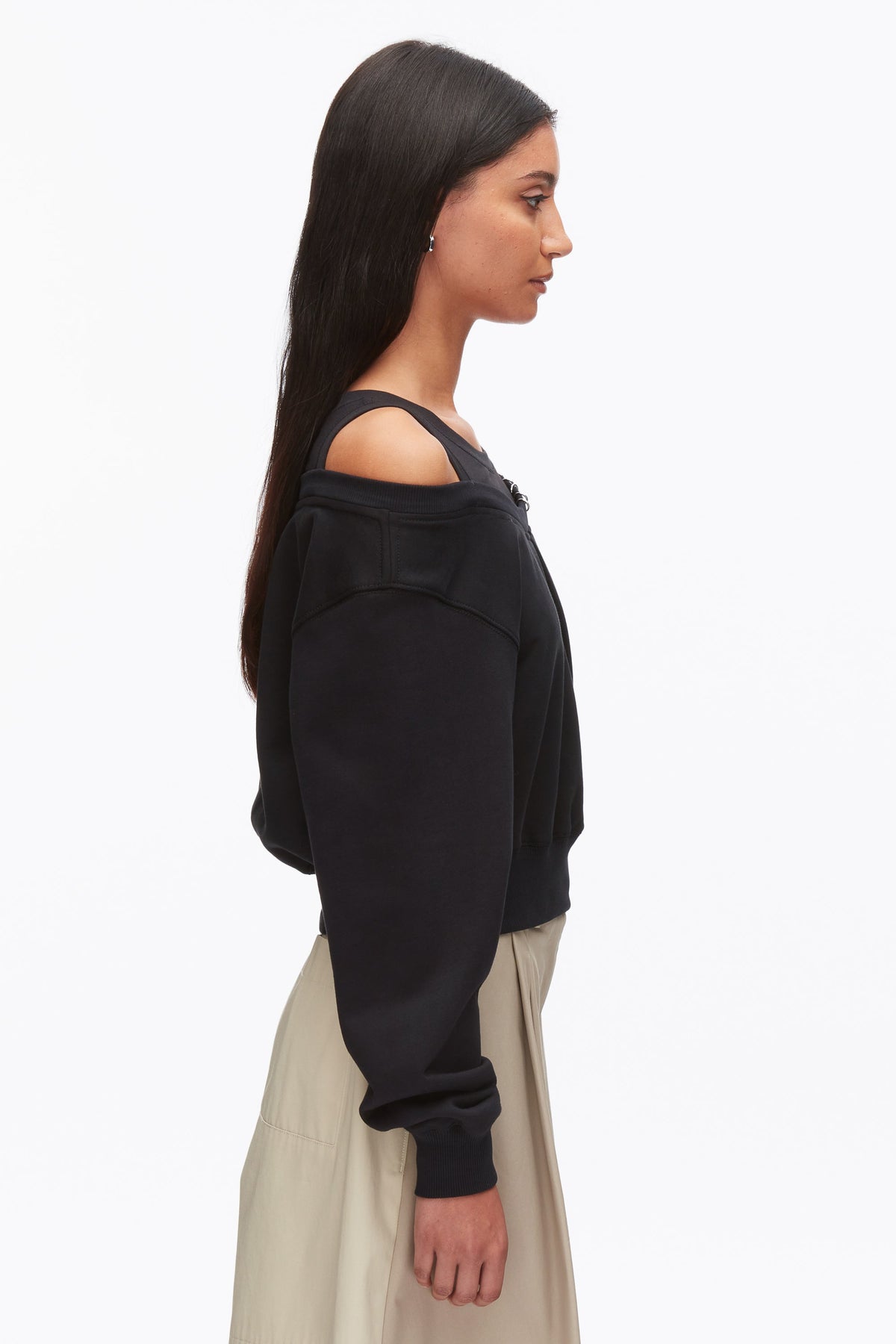 Long Sleeve Embellished Double Layer Top Black