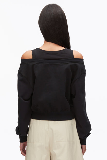 Long Sleeve Embellished Double Layer Top Black