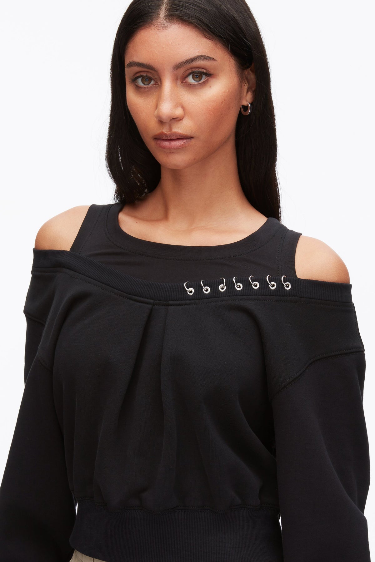 Long Sleeve Embellished Double Layer Top Black