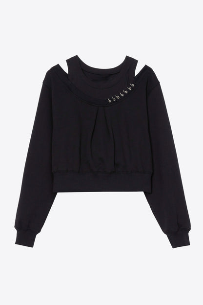 Long Sleeve Embellished Double Layer Top Black