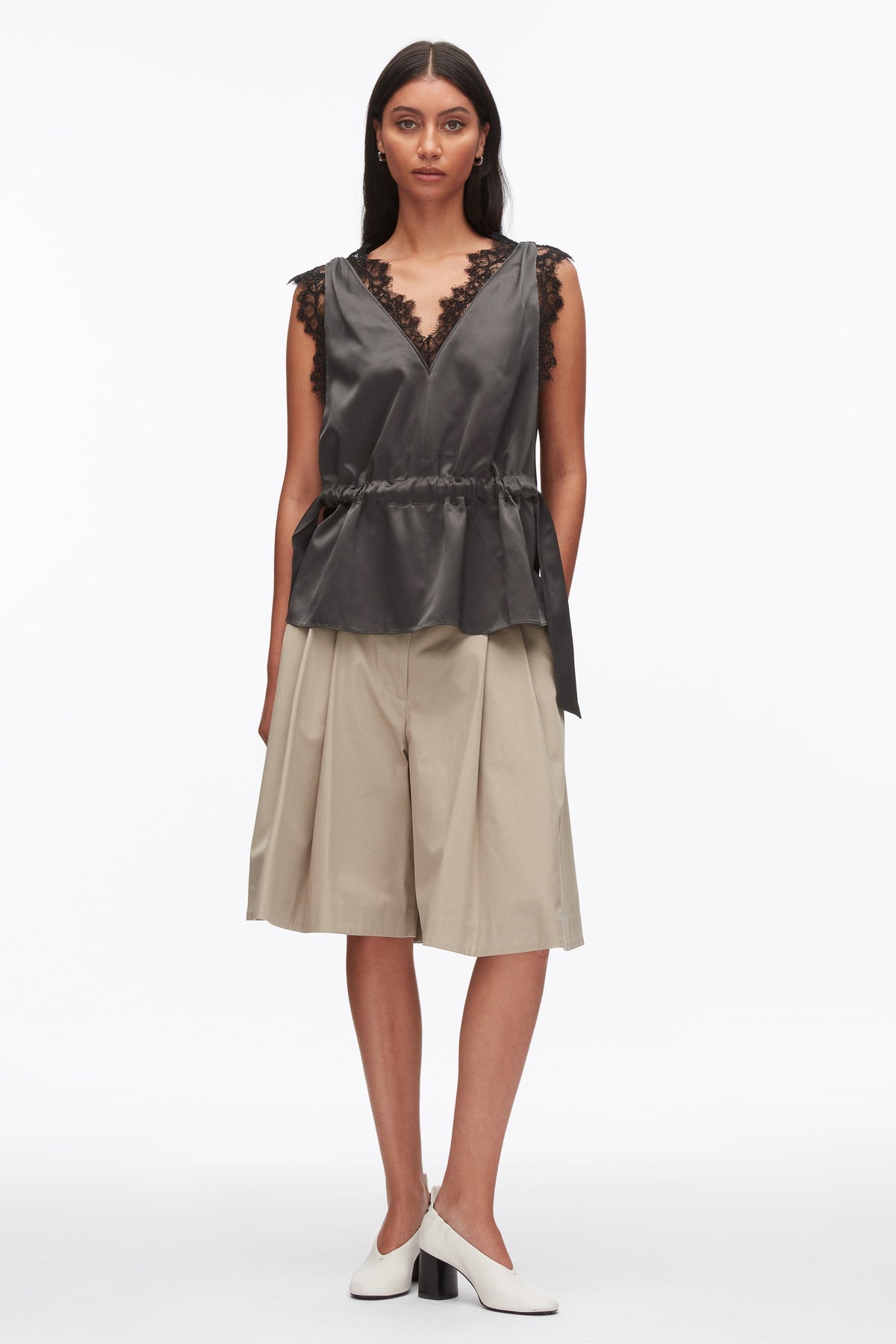 Sleeveless Satin V-Neck with Lace Trim Slate