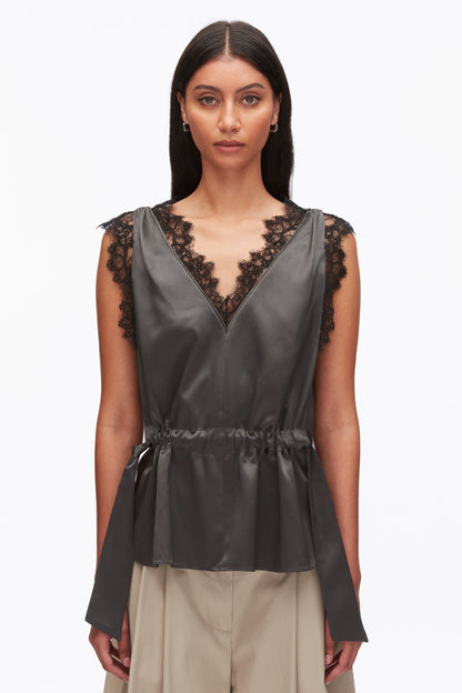 Sleeveless Satin V-Neck with Lace Trim Slate