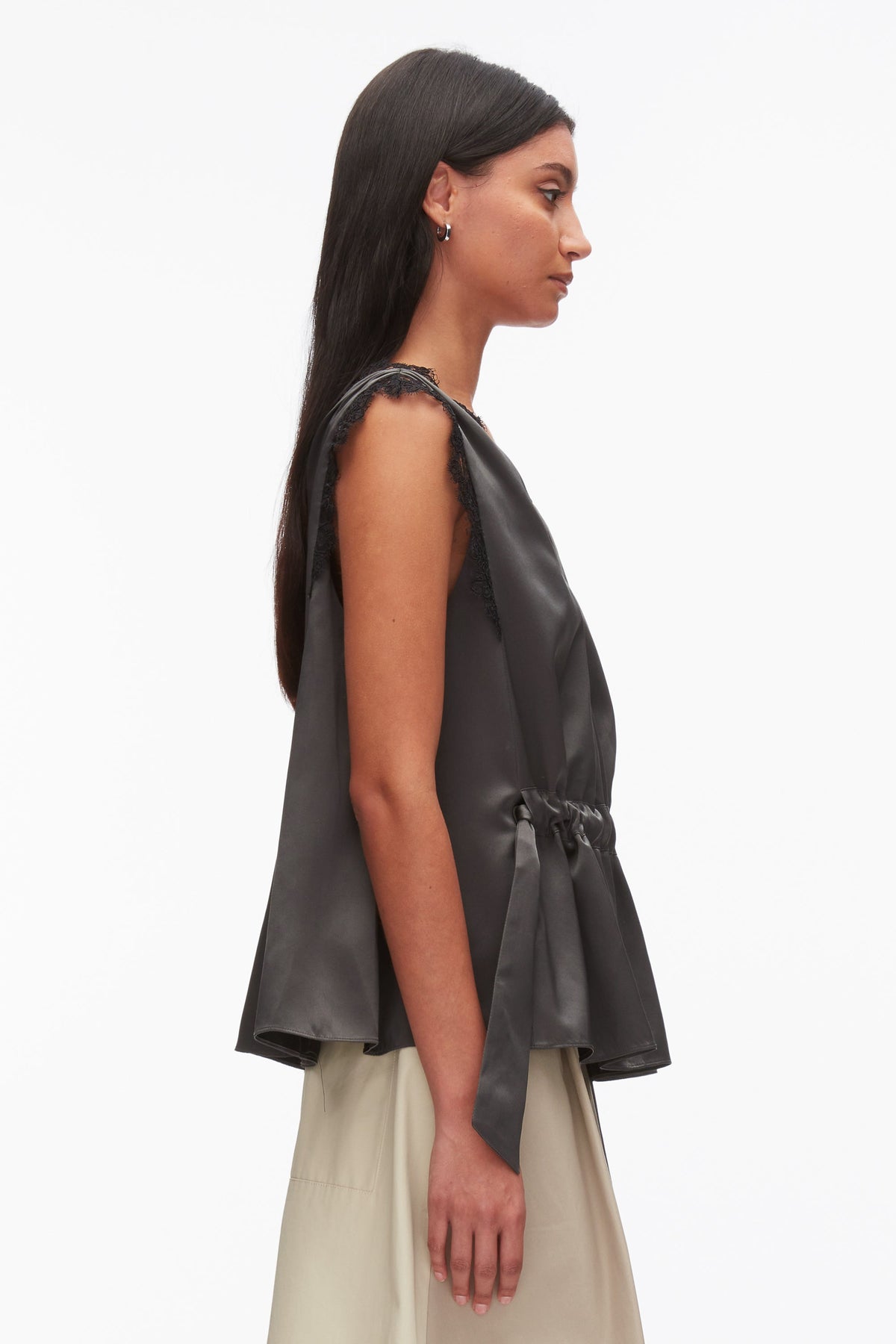 Sleeveless Satin V-Neck with Lace Trim Slate