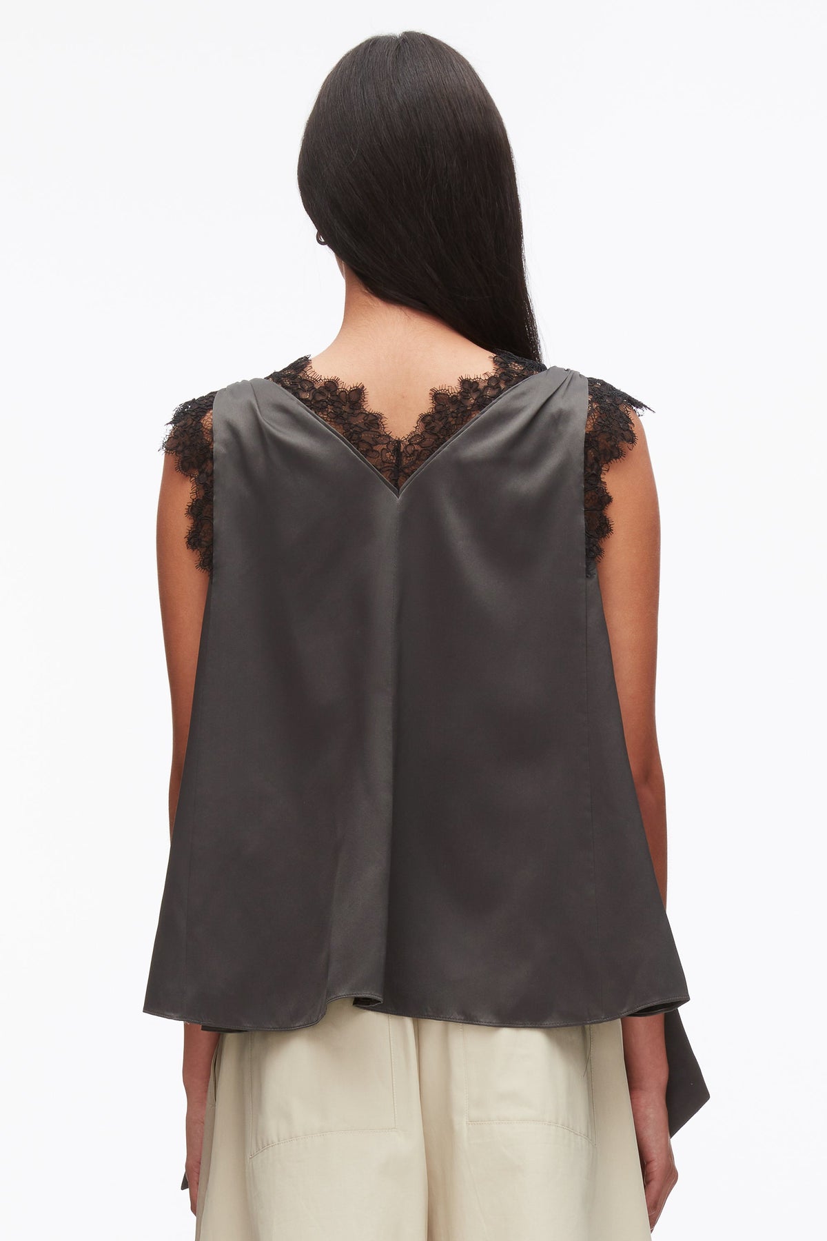 Sleeveless Satin V-Neck with Lace Trim Slate