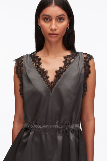 Sleeveless Satin V-Neck with Lace Trim Slate