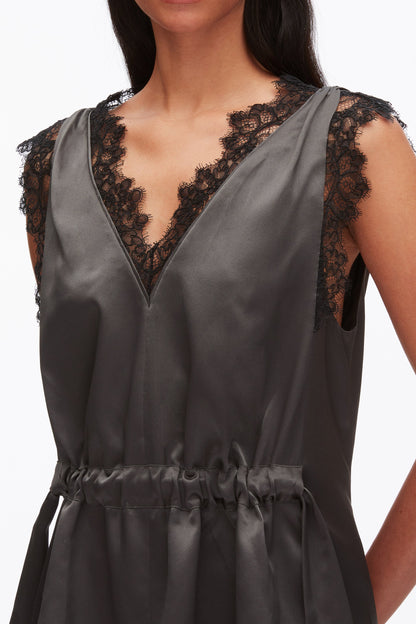 Sleeveless Satin V-Neck with Lace Trim Slate
