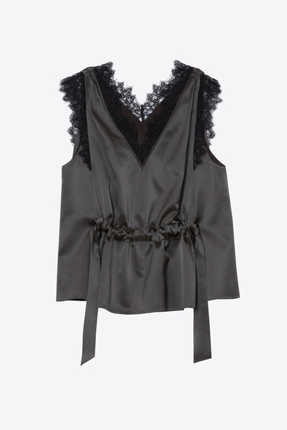 Sleeveless Satin V-Neck with Lace Trim Slate