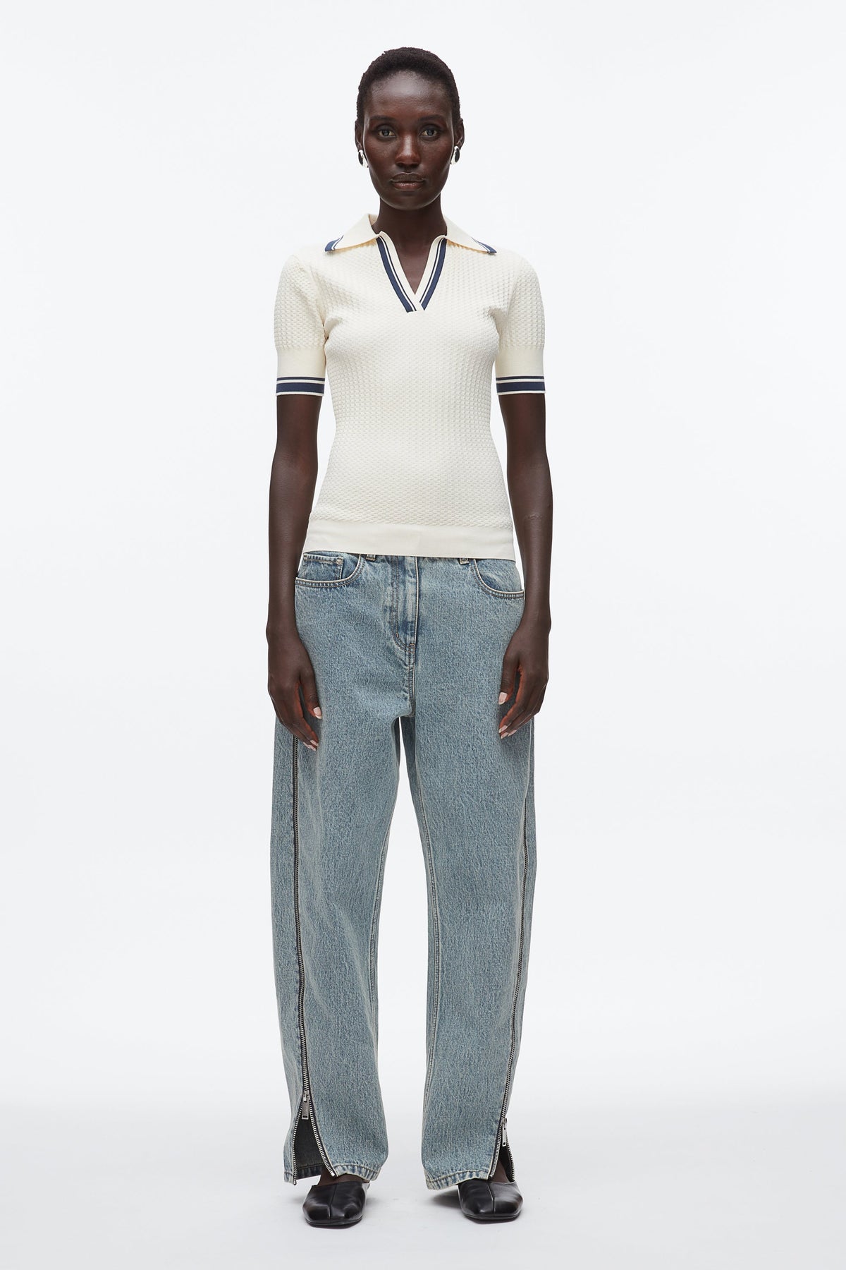 Textured Rib Fitted Polo Ecru-Navy