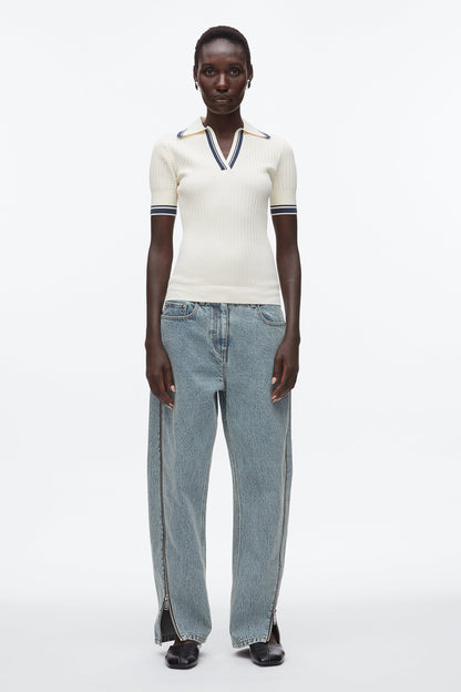 Textured Rib Fitted Polo Ecru-Navy