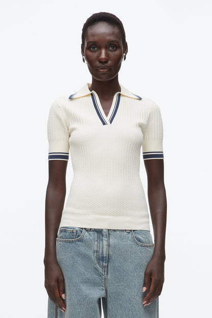 Textured Rib Fitted Polo Ecru-Navy