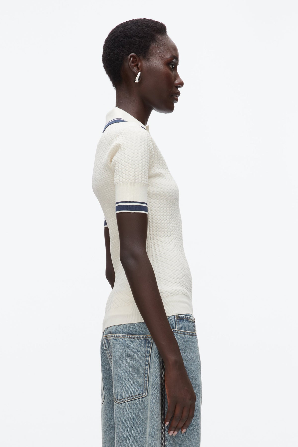 Textured Rib Fitted Polo Ecru-Navy